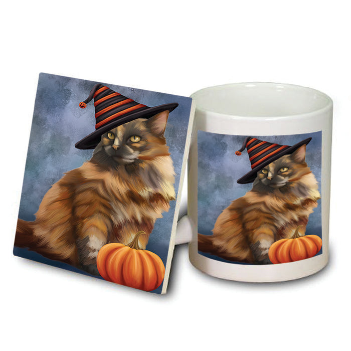 Happy Halloween Tortoiseshell Cat Wearing Witch Hat with Pumpkin Mug and Coaster Set MUC54820