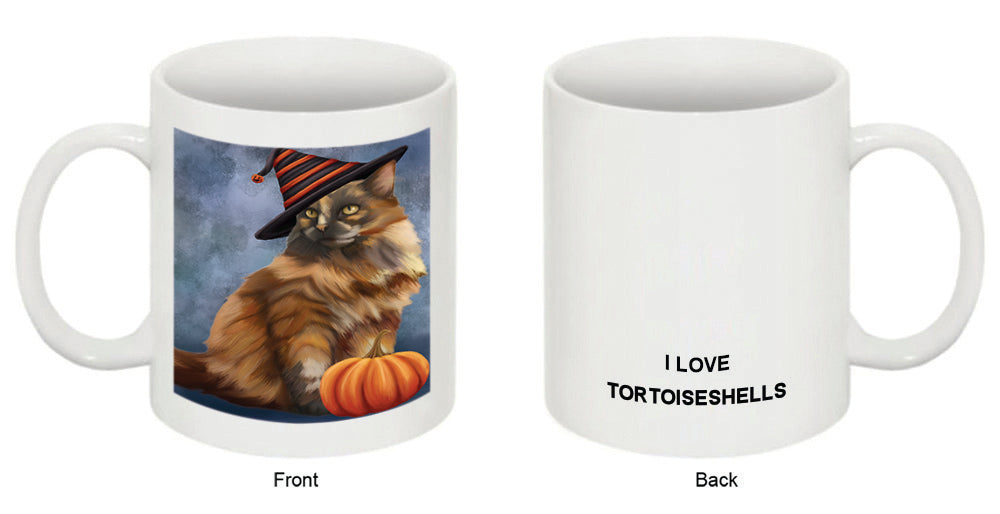 Happy Halloween Tortoiseshell Cat Wearing Witch Hat with Pumpkin Coffee Mug MUG50226
