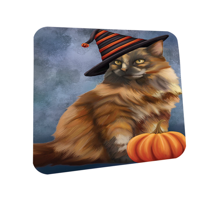 Happy Halloween Tortoiseshell Cat Wearing Witch Hat with Pumpkin Coasters Set of 4 CST54786