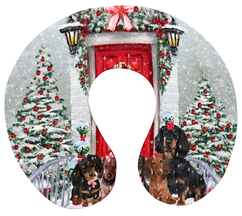 Christmas Holiday Welcome Red Door Dachshund Dog on U-Shape Travel Pillow