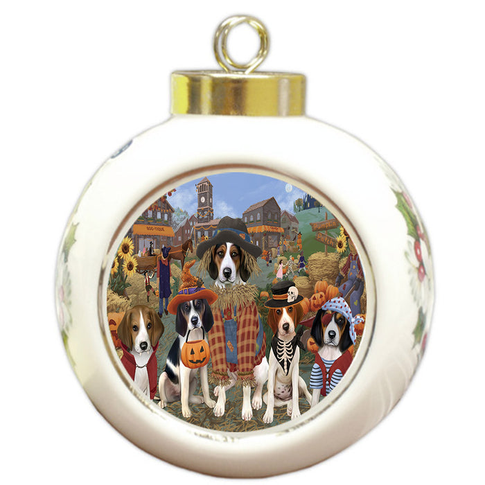 Halloween 'Round Town And Fall Pumpkin Scarecrow Both Treeing Walker Coonhound Dogs Round Ball Christmas Ornament RBPOR57615