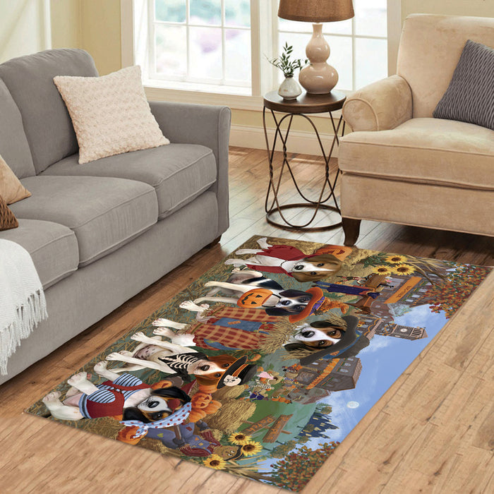 Halloween 'Round Town and Fall Pumpkin Scarecrow Both Treeing Walker Coonhound Dogs Area Rug