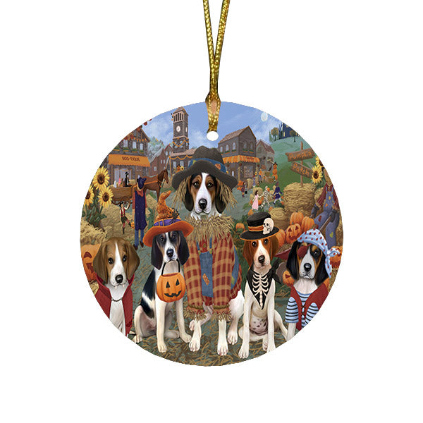 Halloween 'Round Town And Fall Pumpkin Scarecrow Both Treeing Walker Coonhound Dogs Round Flat Christmas Ornament RFPOR57615