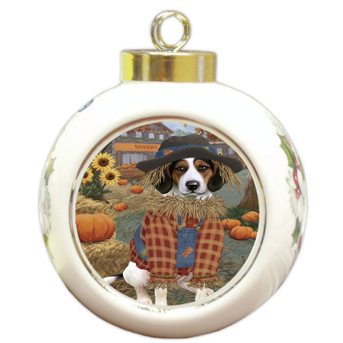 Halloween 'Round Town And Fall Pumpkin Scarecrow Both Treeing Walker Coonhound Dog Round Ball Christmas Ornament RBPOR57676