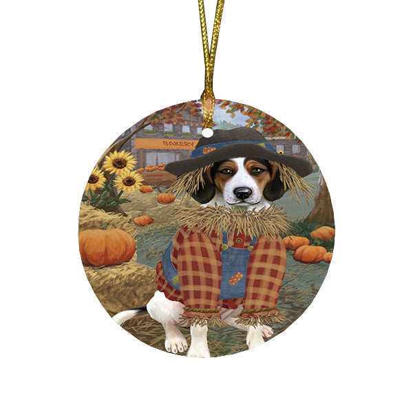 Halloween 'Round Town And Fall Pumpkin Scarecrow Both Treeing Walker Coonhound Dog Round Flat Christmas Ornament RFPOR57676