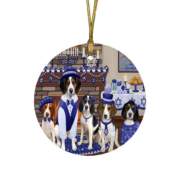 Happy Hanukkah Family and Happy Hanukkah Both Treeing Walker Coonhound Dogs Round Flat Christmas Ornament RFPOR57645