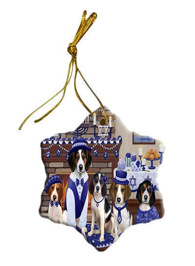 Happy Hanukkah Family Treeing Walker Coonhound Dogs Star Porcelain Ornament SPOR57741
