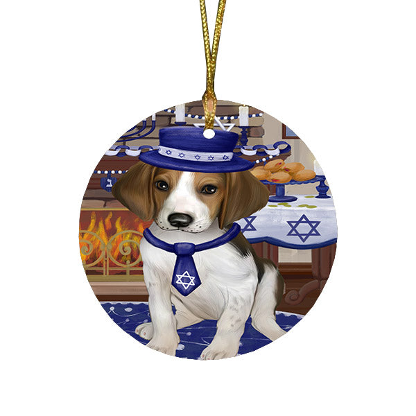 Happy Hanukkah Family and Happy Hanukkah Both Treeing Walker Coonhound Dog Round Flat Christmas Ornament RFPOR57706