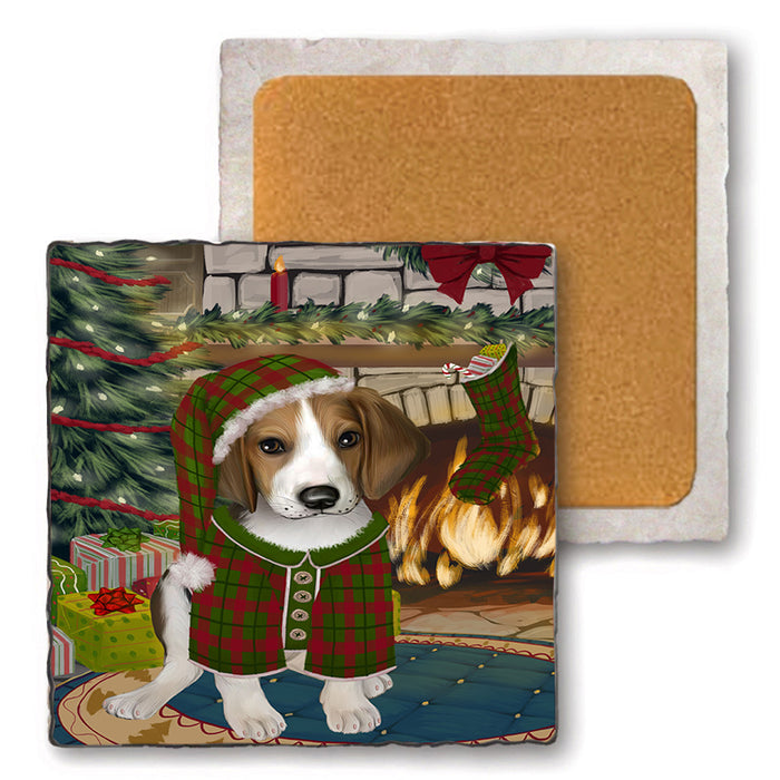 The Stocking was Hung Treeing Walker Coonhound Dog Set of 4 Natural Stone Marble Tile Coasters MCST50638