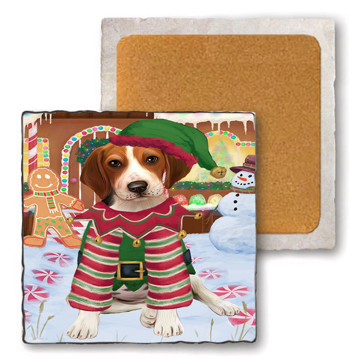 Christmas Gingerbread House Candyfest Treeing Walker Coonhound Dog Set of 4 Natural Stone Marble Tile Coasters MCST51576