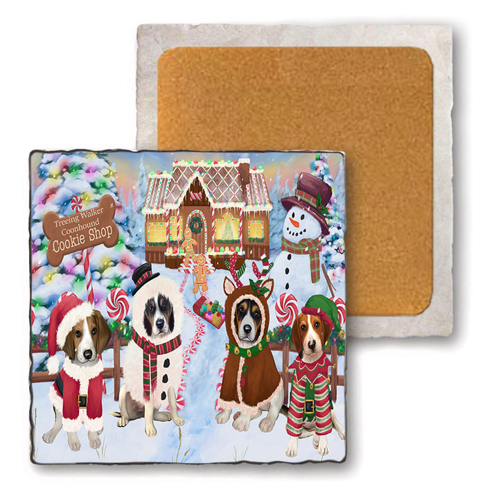 Holiday Gingerbread Cookie Shop Treeing Walker Coonhounds Dog Set of 4 Natural Stone Marble Tile Coasters MCST51627