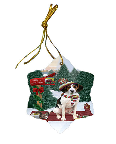 Merry Christmas Woodland Sled Treeing Walker Dog Star Porcelain Ornament SPOR55414