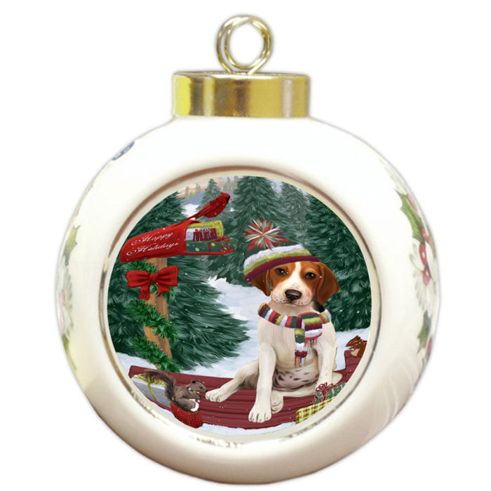 Merry Christmas Woodland Sled Treeing Walker Dog Round Ball Christmas Ornament RBPOR55416
