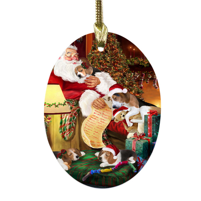 Treeing Walker Coonhounds Dog and Puppies Sleeping with Santa Oval Glass Christmas Ornament OGOR49325
