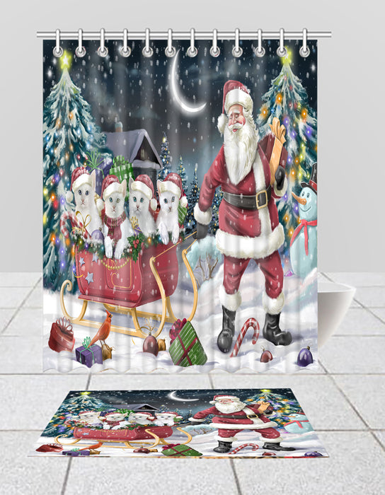 Santa Sled Dogs Christmas Happy Holidays Turkish Angora Cats Bath Mat and Shower Curtain Combo
