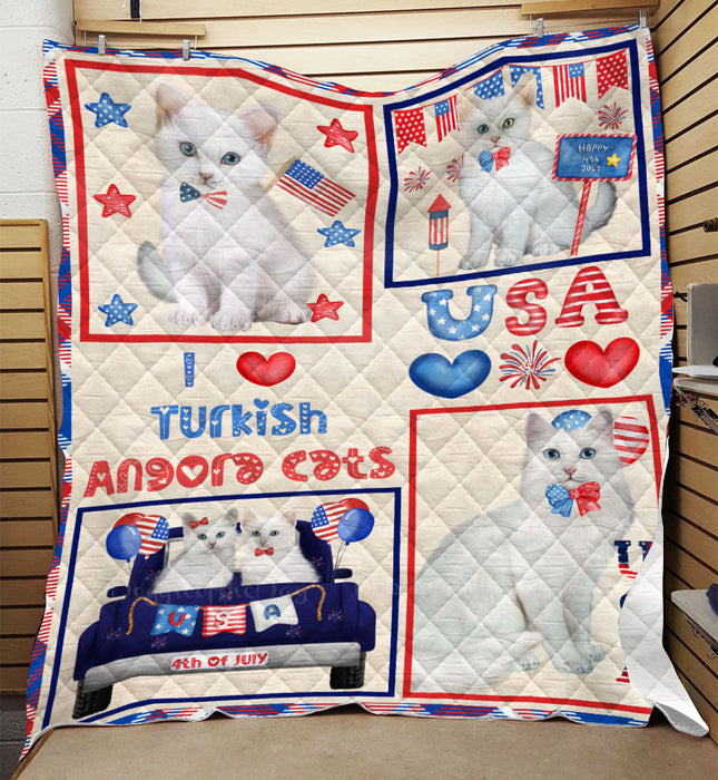 4th of July Independence Day I Love USA Turkish Angora Cats Quilt Bed Coverlet Bedspread - Pets Comforter Unique One-side Animal Printing - Soft Lightweight Durable Washable Polyester Quilt