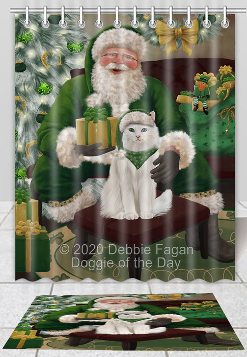 Christmas Irish Santa with Gift Turkish Angora Cat Bath Mat and Shower Curtain Combo