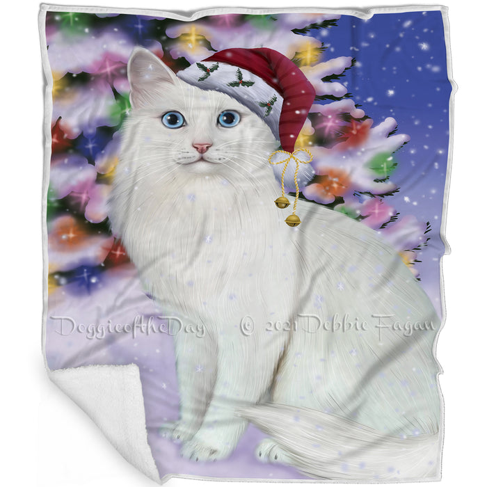 Winterland Wonderland Turkish Angora Cat In Christmas Holiday Scenic Background Blanket BLNKT121125
