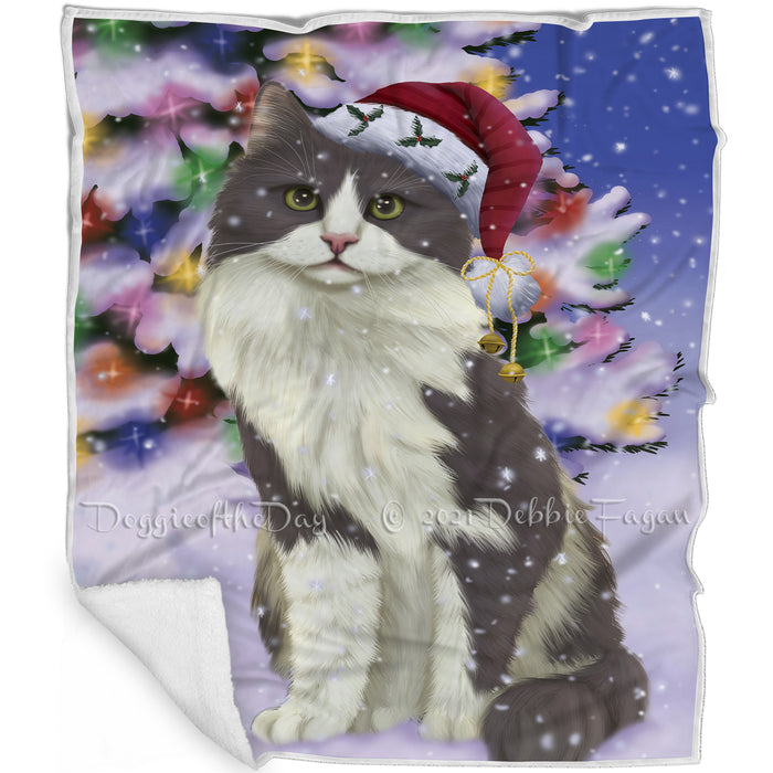 Winterland Wonderland Turkish Angora Cat In Christmas Holiday Scenic Background Blanket BLNKT121134
