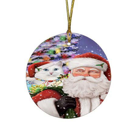 Santa Carrying Turkish Angora Cat and Christmas Presents Round Flat Christmas Ornament RFPOR55905