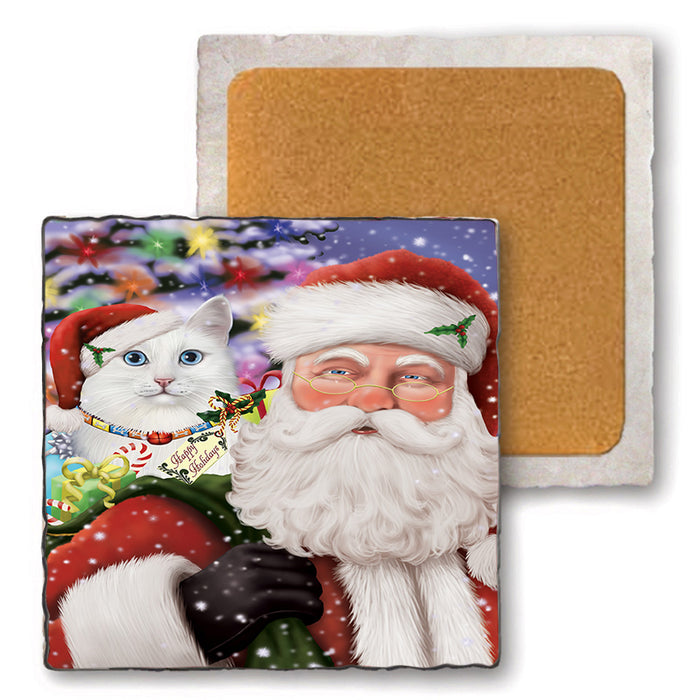Santa Carrying Turkish Angora Cat and Christmas Presents Set of 4 Natural Stone Marble Tile Coasters MCST50549
