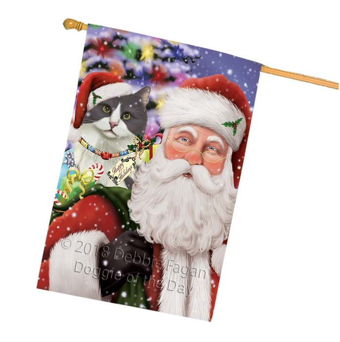 Santa Carrying Turkish Angora Cat and Christmas Presents House Flag FLG55977