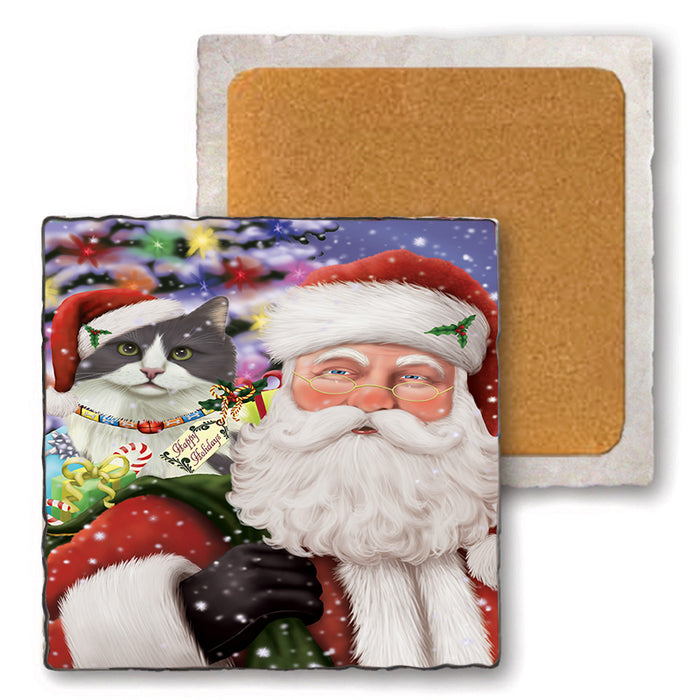 Santa Carrying Turkish Angora Cat and Christmas Presents Set of 4 Natural Stone Marble Tile Coasters MCST50548