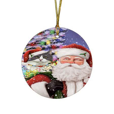 Santa Carrying Turkish Angora Cat and Christmas Presents Round Flat Christmas Ornament RFPOR55904