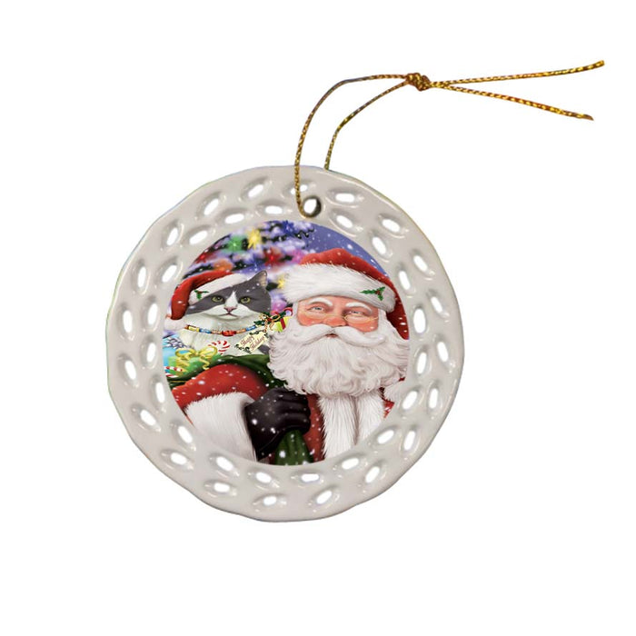 Santa Carrying Turkish Angora Cat and Christmas Presents Ceramic Doily Ornament DPOR55904
