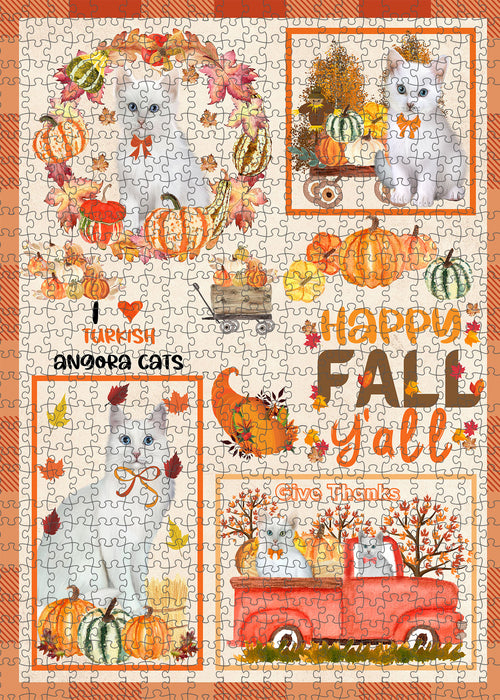 Happy Fall Y'all Pumpkin Turkish Angora Cats Portrait Jigsaw Puzzle for Adults Animal Interlocking Puzzle Game Unique Gift for Dog Lover's with Metal Tin Box