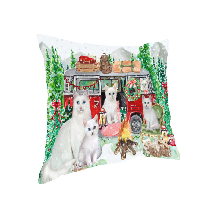 Christmas Time Camping with Turkish Angora Cats Pillow with Top Quality High-Resolution Images - Ultra Soft Pet Pillows for Sleeping - Reversible & Comfort - Ideal Gift for Dog Lover - Cushion for Sofa Couch Bed - 100% Polyester