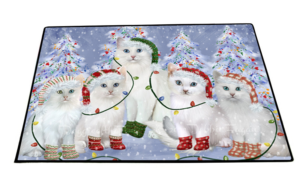 Christmas Lights and Turkish Angora Cats Floor Mat- Anti-Slip Pet Door Mat Indoor Outdoor Front Rug Mats for Home Outside Entrance Pets Portrait Unique Rug Washable Premium Quality Mat