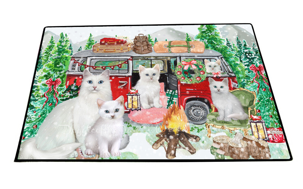 Christmas Time Camping with Turkish Angora Cats Floor Mat- Anti-Slip Pet Door Mat Indoor Outdoor Front Rug Mats for Home Outside Entrance Pets Portrait Unique Rug Washable Premium Quality Mat