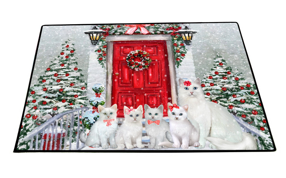 Christmas Holiday Welcome Turkish Angora Cats Floor Mat- Anti-Slip Pet Door Mat Indoor Outdoor Front Rug Mats for Home Outside Entrance Pets Portrait Unique Rug Washable Premium Quality Mat