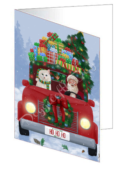 Christmas Honk Honk Red Truck Here Comes with Santa and Turkish Angora Cat Handmade Artwork Assorted Pets Greeting Cards and Note Cards with Envelopes for All Occasions and Holiday Seasons GCD75707
