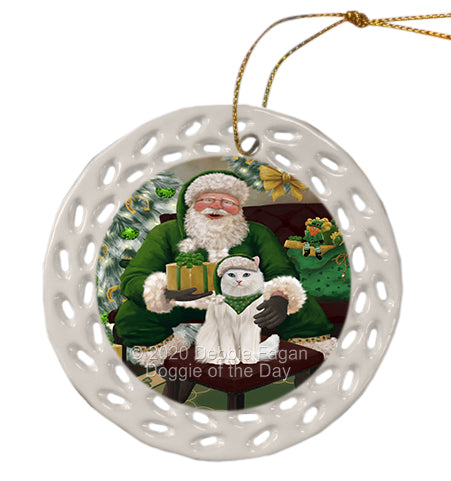Christmas Irish Santa with Gift and Turkish Angora Cat Doily Ornament DPOR59539