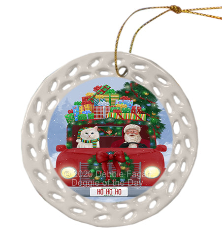 Christmas Honk Honk Red Truck with Santa and Turkish Angora Cat Doily Ornament DPOR59398