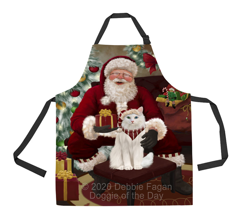Santa's Christmas Surprise Turkish Angora Cat Apron - Adjustable Long Neck Bib for Adults - Waterproof Polyester Fabric With 2 Pockets - Chef Apron for Cooking, Dish Washing, Gardening, and Pet Grooming