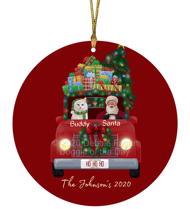 Personalized Christmas Honk Honk Red Truck Here Comes with Santa and Turkish Angora Cat Round Flat Ornament PRBPOR59127