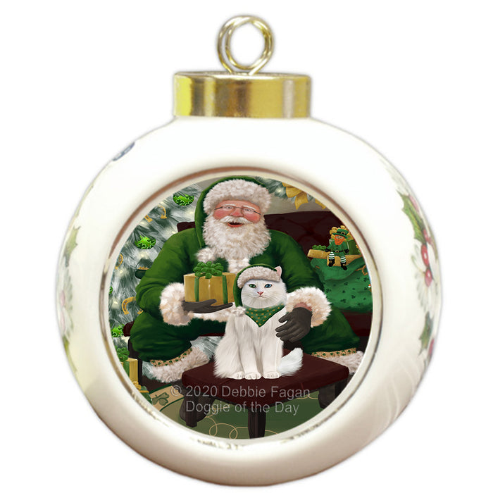 Christmas Irish Santa with Gift and Turkish Angora Cat Round Ball Christmas Ornament RBPOR57977