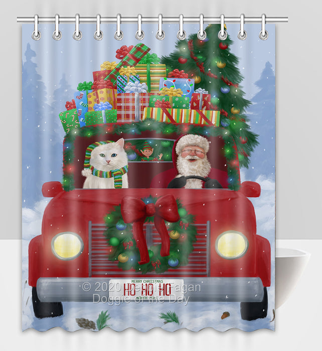 Christmas Honk Honk Red Truck Here Comes with Santa and Turkish Angora Cat Shower Curtain Bathroom Accessories Decor Bath Tub Screens SC089
