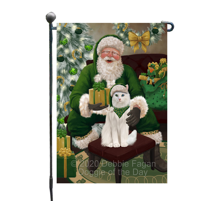 Christmas Irish Santa with Gift and Turkish Angora Cat Garden Flag GFLG66693