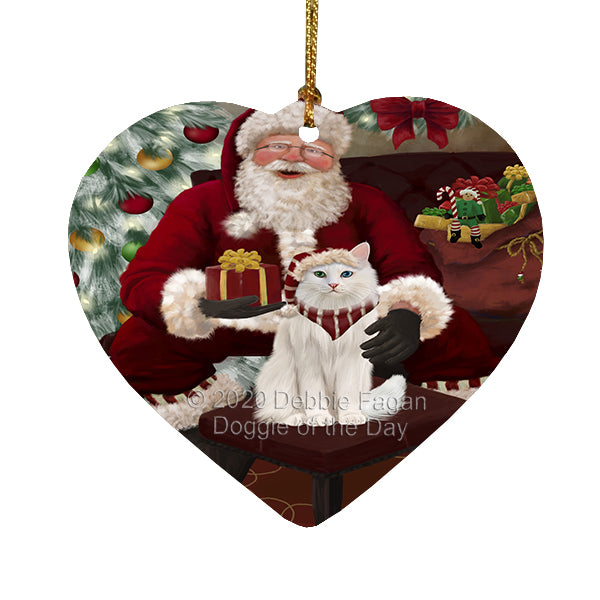 Santa's Christmas Surprise Turkish Angora Cat Heart Christmas Ornament RFPOR58417