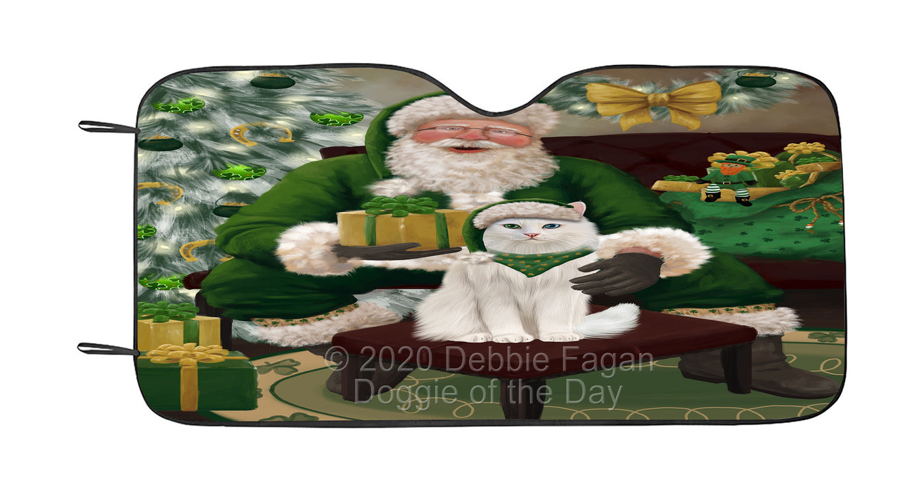 Christmas Irish Santa with Gift and Turkish Angora Cat Car Sun Shade Cover Curtain