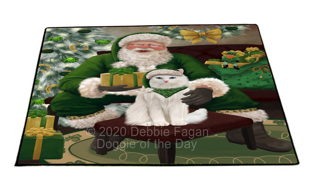 Christmas Irish Santa with Gift and Turkish Angora Cat Indoor/Outdoor Welcome Floormat - Premium Quality Washable Anti-Slip Doormat Rug FLMS57304