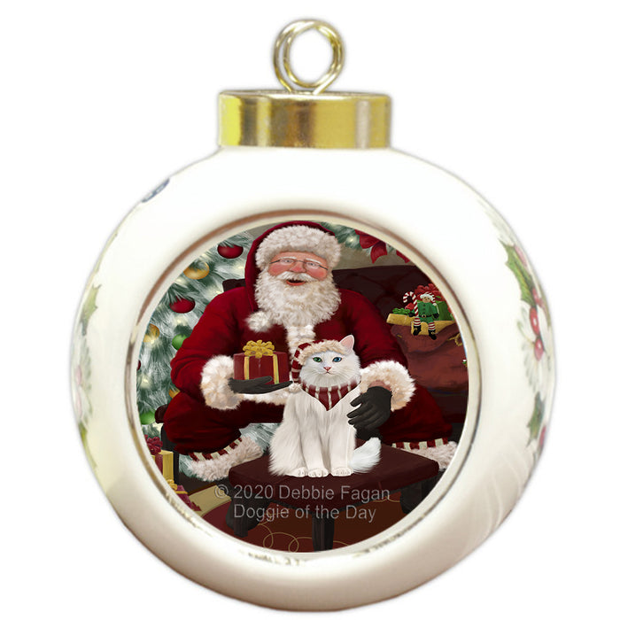 Santa's Christmas Surprise Turkish Angora Cat Round Ball Christmas Ornament RBPOR58075