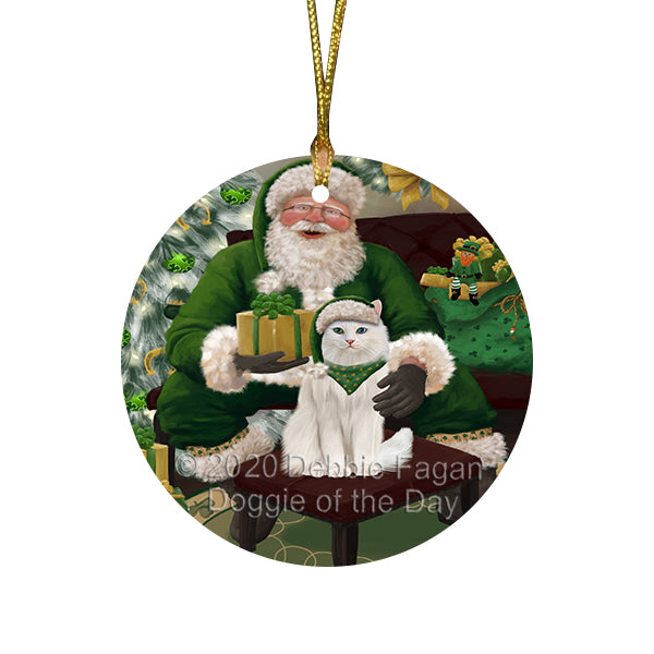 Christmas Irish Santa with Gift and Turkish Angora Cat Round Flat Christmas Ornament RFPOR57977