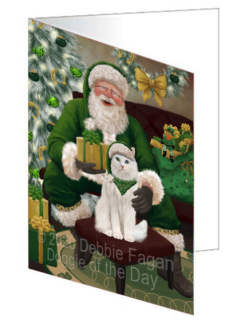 Christmas Irish Santa with Gift and Turkish Angora Cat Handmade Artwork Assorted Pets Greeting Cards and Note Cards with Envelopes for All Occasions and Holiday Seasons GCD76001