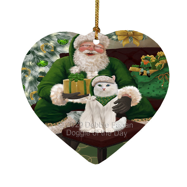 Christmas Irish Santa with Gift and Turkish Angora Cat Heart Christmas Ornament RFPOR58319