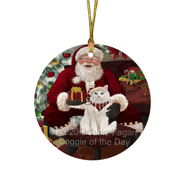 Santa's Christmas Surprise Turkish Angora Cat Round Flat Christmas Ornament RFPOR58075